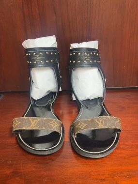 Louis Vuitton Black Leather Sandals with Brown Monogram Strap and Gold Studs